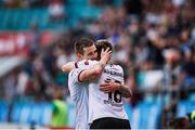29 July 2021; Patrick McEleney of Dundalk embraces team-mate William Patching, 18, during the UEFA Europa Conference League second qualifying round second leg match between Levadia and Dundalk at Lillekula Stadium in Tallinn, Estonia. Photo by Joosep Martinson/Sportsfile