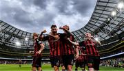 29 July 2021; Rob Cornwall of Bohemians, centre, celebrates with team-mates after scoring his side's first goal during the UEFA Europa Conference League second qualifying round second leg match between Bohemians and F91 Dudelange at Aviva Stadium in Dublin. Photo by Eóin Noonan/Sportsfile
