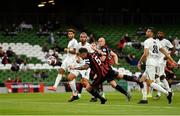 29 July 2021; Rob Cornwall of Bohemians scores his side's first goal from a header during the UEFA Europa Conference League second qualifying round second leg match between Bohemians and F91 Dudelange at Aviva Stadium in Dublin. Photo by Eóin Noonan/Sportsfile