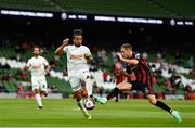 29 July 2021; Liam Burt of Bohemians in action against Mehdi Kirch of F91 Dudelange during the UEFA Europa Conference League second qualifying round second leg match between Bohemians and F91 Dudelange at Aviva Stadium in Dublin. Photo by Eóin Noonan/Sportsfile
