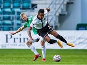 29 July 2021; Sonni Nattestad of Dundalk is tackled by Marko Putincanin of Levadia during the UEFA Europa Conference League second qualifying round second leg match between Levadia and Dundalk at Lillekula Stadium in Tallinn, Estonia. Photo by Joosep Martinson/Sportsfile