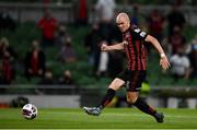29 July 2021; Georgie Kelly of Bohemians shoots to score his side's third goal during the UEFA Europa Conference League second qualifying round second leg match between Bohemians and F91 Dudelange at the Aviva Stadium in Dublin. Photo by Ben McShane/Sportsfile
