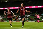 29 July 2021; Georgie Kelly of Bohemians celebrates after scoring his side's third goal during the UEFA Europa Conference League second qualifying round second leg match between Bohemians and F91 Dudelange at Aviva Stadium in Dublin. Photo by Eóin Noonan/Sportsfile