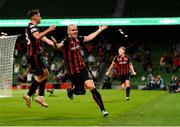 29 July 2021; Georgie Kelly of Bohemians celebrates after scoring his side's second goal during the UEFA Europa Conference League second qualifying round second leg match between Bohemians and F91 Dudelange at Aviva Stadium in Dublin. Photo by Eóin Noonan/Sportsfile