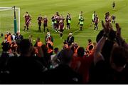 29 July 2021; Bohemians players celebrate in front of their supporters after their victory in the UEFA Europa Conference League second qualifying round second leg match between Bohemians and F91 Dudelange at the Aviva Stadium in Dublin. Photo by Ben McShane/Sportsfile