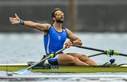 30 July 2021; Stefanos Ntouskos of Greece celebrates after winning the Men's Single Sculls Final A at the Sea Forest Waterway during the 2020 Tokyo Summer Olympic Games in Tokyo, Japan. Photo by Seb Daly/Sportsfile