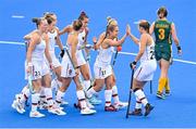 30 July 2021; Lisa Altenburg of Germany (18) celebrates with team-mates after scoring her side's first goal during the women's pool A group stage match between South Africa and Germany at the Oi Hockey Stadium during the 2020 Tokyo Summer Olympic Games in Tokyo, Japan. Photo by Ramsey Cardy/Sportsfile