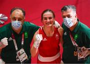 30 July 2021; Kellie Harrington of Ireland with coaches Zaur Antia, left, and John Conlan after defeating Rebecca Nicoli of Italy in their women's lightweight round of 16 bout at the Kokugikan Arena during the 2020 Tokyo Summer Olympic Games in Tokyo, Japan. Photo by Stephen McCarthy/Sportsfile