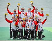 30 July 2021; Canada Women's Eight celebrate after winning gold in the Women's Eight final at the Sea Forest Waterway during the 2020 Tokyo Summer Olympic Games in Tokyo, Japan. Photo by Seb Daly/Sportsfile