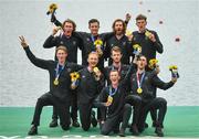 30 July 2021; New Zealand Men's Eight celebrate with their gold medals after victory in the Men's Eight final at the Sea Forest Waterway during the 2020 Tokyo Summer Olympic Games in Tokyo, Japan. Photo by Seb Daly/Sportsfile