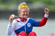 30 July 2021; Hanna Prakatsen of Russian Olympic Committee celebrates with her silver medal after finishing second in the Women's Single Sculls at the Sea Forest Waterway during the 2020 Tokyo Summer Olympic Games in Tokyo, Japan. Photo by Seb Daly/Sportsfile