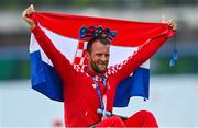 30 July 2021; Damir Martin of Croatia celebrates with his bronze medal after finishing third in the Men's Single Sculls Final A at the Sea Forest Waterway during the 2020 Tokyo Summer Olympic Games in Tokyo, Japan. Photo by Seb Daly/Sportsfile