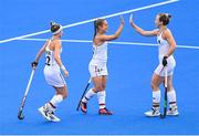 30 July 2021; Lisa Altenburg of Germany, centre, celebrates with team-mates Selin Oruz, right, and Cécile Pieper after scoring their side's first goal during the women's pool A group stage match between South Africa and Germany at the Oi Hockey Stadium during the 2020 Tokyo Summer Olympic Games in Tokyo, Japan. Photo by Ramsey Cardy/Sportsfile