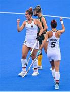 30 July 2021; Sonja Zimmermann of Germany, left, celebrates after scoring her side's second goal during the women's pool A group stage match between South Africa and Germany at the Oi Hockey Stadium during the 2020 Tokyo Summer Olympic Games in Tokyo, Japan. Photo by Ramsey Cardy/Sportsfile