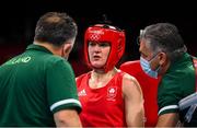 30 July 2021; Kellie Harrington of Ireland with coaches Zaur Antia, left, and John Conlan during her women's lightweight round of 16 bout with Rebecca Nicoli of Italy at the Kokugikan Arena during the 2020 Tokyo Summer Olympic Games in Tokyo, Japan. Photo by Stephen McCarthy/Sportsfile