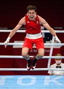 30 July 2021; Aidan Walsh of Ireland celebrates after defeating Merven Clair of Mauritius in their men's welterweight quarter-final bout at the Kokugikan Arena during the 2020 Tokyo Summer Olympic Games in Tokyo, Japan. Photo by Stephen McCarthy/Sportsfile