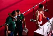 30 July 2021; Aidan Walsh of Ireland with coaches Zaur Antia, left, and Dmitry Dmitruk after defeating Merven Clair of Mauritius during their men's welterweight quarter-final bout at the Kokugikan Arena during the 2020 Tokyo Summer Olympic Games in Tokyo, Japan. Photo by Stephen McCarthy/Sportsfile