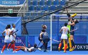 30 July 2021; Ireland goalkeeper Ayeisha McFerran and team-mate Hannah McLoughlin make a save on the goal line during the women's pool A group stage match between Ireland and India at the Oi Hockey Stadium during the 2020 Tokyo Summer Olympic Games in Tokyo, Japan. Photo by Ramsey Cardy/Sportsfile