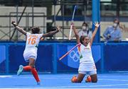 30 July 2021; Rani of India, right, celebrates with team-mate Vandana Katariya, left, after assisting their side's first goal during the women's pool A group stage match between Ireland and India at the Oi Hockey Stadium during the 2020 Tokyo Summer Olympic Games in Tokyo, Japan. Photo by Ramsey Cardy/Sportsfile
