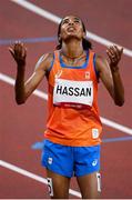 30 July 2021; Sifan Hassan of Netherlands after winning her heat during round 1 of the women's 5000 metres at the Olympic Stadium during the 2020 Tokyo Summer Olympic Games in Tokyo, Japan. Photo by Stephen McCarthy/Sportsfile