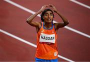 30 July 2021; Sifan Hassan of Netherlands after winning her heat during round 1 of the women's 5000 metres at the Olympic Stadium during the 2020 Tokyo Summer Olympic Games in Tokyo, Japan. Photo by Stephen McCarthy/Sportsfile