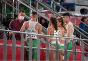30 July 2021; RTÉ journalist and Irish Olympian David Gillick interviews the Ireland 4x400 mixed relay team, from left, Christopher O'Donnell, Phil Healy, Sophie Becker and Cillin Greene after their heat of the 4x400 metre mixed relay at the Olympic Stadium during the 2020 Tokyo Summer Olympic Games in Tokyo, Japan. Photo by Stephen McCarthy/Sportsfile