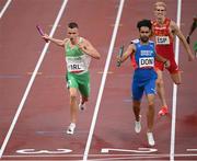 30 July 2021; Christopher O'Donnell of Ireland crosses the line to finish second in his heat of the 4x400 metre mixed relay at the Olympic Stadium during the 2020 Tokyo Summer Olympic Games in Tokyo, Japan. Photo by Stephen McCarthy/Sportsfile