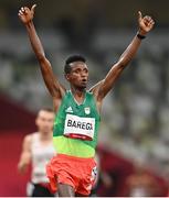 30 July 2021; Selemon Barega of Ethiopia celebrates winning the men's 10000 metres final at the Olympic Stadium during the 2020 Tokyo Summer Olympic Games in Tokyo, Japan. Photo by Ramsey Cardy/Sportsfile