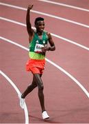 30 July 2021; Selemon Barega of Ethiopia celebrates after winning the men's 10000 metres final at the Olympic Stadium during the 2020 Tokyo Summer Olympic Games in Tokyo, Japan. Photo by Stephen McCarthy/Sportsfile
