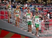 30 July 2021; The Ireland 4x400 mixed relay team, from left, Phil Healy, Sophie Becker, Christopher O'Donnell and Cillin Greene after their heat of the 4x400 metre mixed relay at the Olympic Stadium during the 2020 Tokyo Summer Olympic Games in Tokyo, Japan. Photo by Stephen McCarthy/Sportsfile