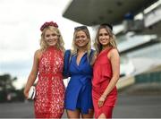 30 July 2021; Racegoers, from left, Eimear Donovan, Paula Duffy and Katie Buckley from Listowel, Co Kerry on day five of the Galway Races Summer Festival at Ballybrit Racecourse in Galway. Photo by David Fitzgerald/Sportsfile