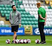30 July 2021; Richie Towell of Shamrock Rovers with team-mate Rory Gaffney of Shamrock Rovers before the SSE Airtricity League Premier Division match between Shamrock Rovers and St Patrick's Athletic at Tallaght Stadium in Dublin. Photo by Eóin Noonan/Sportsfile