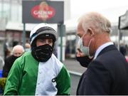 30 July 2021; Jockey Conor McNamara speaks to trainer Willie Mullins after winning the Guinness Handicap hurdle on Jazzaway during day five of the Galway Races Summer Festival at Ballybrit Racecourse in Galway. Photo by David Fitzgerald/Sportsfile