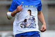 30 July 2021; A Monaghan player wears a shirt in honour of the late Brendan Óg O Dufaigh, captain of the Monaghan U20 football team who passed away recently, in the warm-up before the EirGrid Ulster GAA Football U20 Championship Final match between Down and Monaghan at Athletic Grounds in Armagh. Photo by Piaras Ó Mídheach/Sportsfile