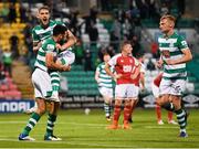 30 July 2021; Roberto Lopes of Shamrock Rovers celebrates with team-mate Lee Grace after scoring his side's second goal during the SSE Airtricity League Premier Division match between Shamrock Rovers and St Patrick's Athletic at Tallaght Stadium in Dublin. Photo by Eóin Noonan/Sportsfile