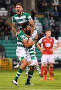 30 July 2021; Roberto Lopes of Shamrock Rovers celebrates with team-mate Lee Grace after scoring his side's second goal during the SSE Airtricity League Premier Division match between Shamrock Rovers and St Patrick's Athletic at Tallaght Stadium in Dublin. Photo by Eóin Noonan/Sportsfile