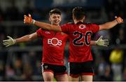 30 July 2021; Down players Anthony Morgan, behind, and Liam McManus celebrate after their side's victory in the EirGrid Ulster GAA Football U20 Championship Final match between Down and Monaghan at Athletic Grounds in Armagh. Photo by Piaras Ó Mídheach/Sportsfile