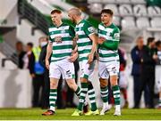 30 July 2021; Rory Gaffney of Shamrock Rovers, left, and Sean Gannon, right, are seperated by team-mate Joey O'Brien after the SSE Airtricity League Premier Division match between Shamrock Rovers and St Patrick's Athletic at Tallaght Stadium in Dublin. Photo by Eóin Noonan/Sportsfile