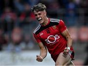 30 July 2021; John McGovern of Down celebrates his side's second goal, scored by team-mate Andrew Gilmore, during the EirGrid Ulster GAA Football U20 Championship Final match between Down and Monaghan at Athletic Grounds in Armagh. Photo by Piaras Ó Mídheach/Sportsfile