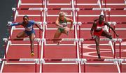31 July 2021; Sarah Lavin of Ireland, centre, in action during the qualifying round of the women's 100 metres hurdles at the Olympic Stadium during the 2020 Tokyo Summer Olympic Games in Tokyo, Japan. Photo by Brendan Moran/Sportsfile