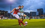 30 July 2021; Sam Bone of St Patrick's Athletic in action against Rory Gaffney of Shamrock Rovers during the SSE Airtricity League Premier Division match between Shamrock Rovers and St Patrick's Athletic at Tallaght Stadium in Dublin. Photo by Eóin Noonan/Sportsfile