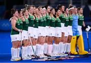 31 July 2021; Ireland players during the national anthem before the women's pool A group stage match between Great Britain and Ireland at the Oi Hockey Stadium during the 2020 Tokyo Summer Olympic Games in Tokyo, Japan. Photo by Stephen McCarthy/Sportsfile