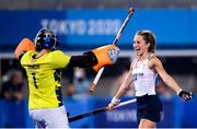 31 July 2021; Laura Unsworth, right, and goalkeeper Madeline Claire Hinch of Great Britain celebrate their side's first goal, scored by team-mate Susannah Townsend, during the women's pool A group stage match between Great Britain and Ireland at the Oi Hockey Stadium during the 2020 Tokyo Summer Olympic Games in Tokyo, Japan. Photo by Stephen McCarthy/Sportsfile