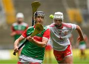 31 July 2021; Keith Higgins of Mayo in action against Sean Paul McKernan of Tyrone during the Nicky Rackard Cup Final match between Tyrone and Mayo at Croke Park in Dublin.  Photo by Harry Murphy/Sportsfile