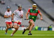 31 July 2021; Gary Nolan of Mayo in action against Michael Little of Tyrone during the Nicky Rackard Cup Final match between Tyrone and Mayo at Croke Park in Dublin.  Photo by Ray McManus/Sportsfile