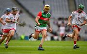 31 July 2021; Gary Nolan of Mayo in action against Michael Little, left, and Chris Kearns of Tyrone during the Nicky Rackard Cup Final match between Tyrone and Mayo at Croke Park in Dublin.  Photo by Ray McManus/Sportsfile