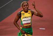 31 July 2021; Elaine Thompson-Herah of Jamaica celebrates after winning the women's 100 metres final in a new olympic record time at the Olympic Stadium during the 2020 Tokyo Summer Olympic Games in Tokyo, Japan. Photo by Brendan Moran/Sportsfile