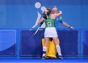 31 July 2021; Ireland goalkeeper Ayeisha McFerran, right, and Katie Mullan after their side's defeat in their women's pool A group stage match at the Oi Hockey Stadium during the 2020 Tokyo Summer Olympic Games in Tokyo, Japan. Photo by Stephen McCarthy/Sportsfile
