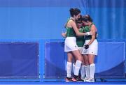 31 July 2021; Ireland players, from left, Hannah McLoughlin, Shirley McCay and Lizzie Holden after their women's pool A group stage match against Great Britain at the Oi Hockey Stadium during the 2020 Tokyo Summer Olympic Games in Tokyo, Japan. Photo by Stephen McCarthy/Sportsfile