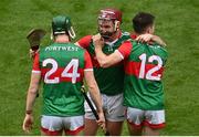 31 July 2021; Cathal Freeman of Mayo, centre, celebrates with team-mates, Pearse McCrann, left, and Shane Boland after their side's victory in the Nicky Rackard Cup Final match between Tyrone and Mayo at Croke Park in Dublin.  Photo by Sam Barnes/Sportsfile
